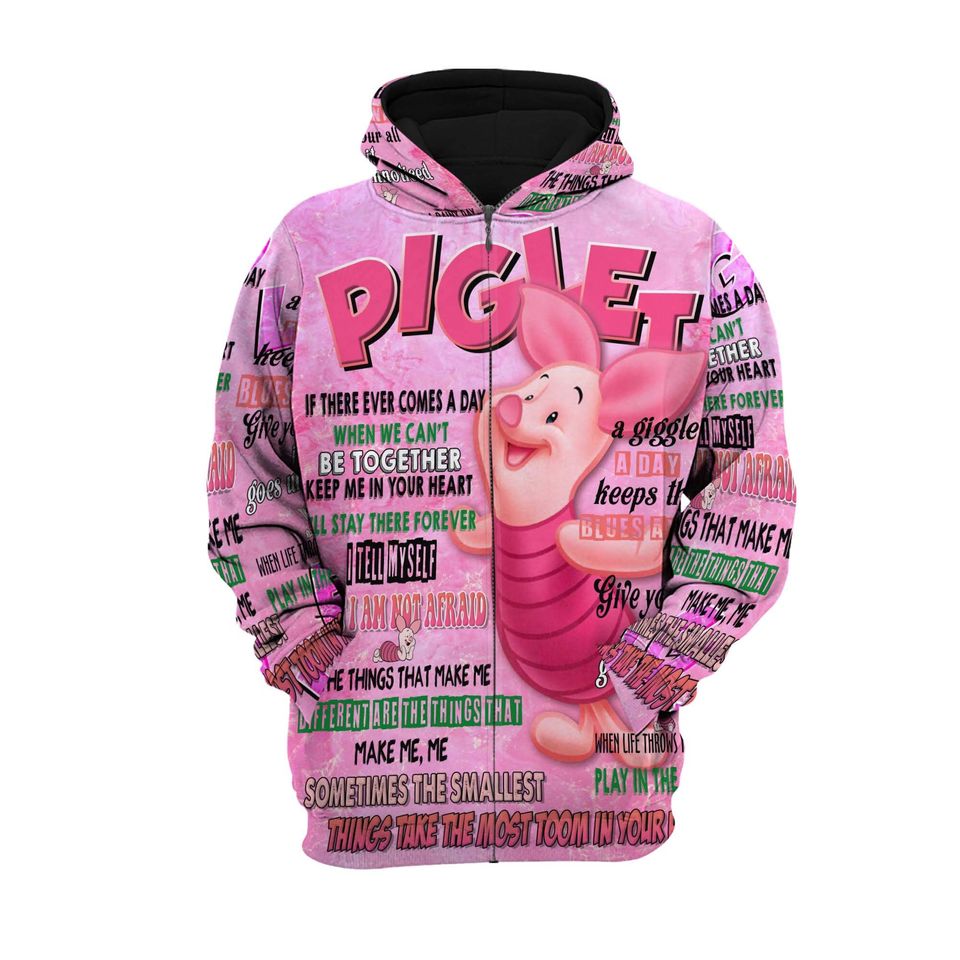 Pink Piglet Punk Words Pattern | Disney Quotes 3D Hoodie