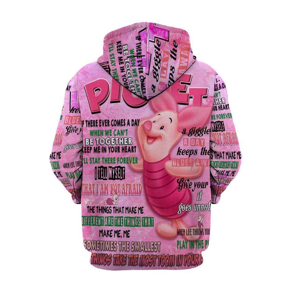 Pink Piglet Punk Words Pattern | Disney Quotes 3D Hoodie