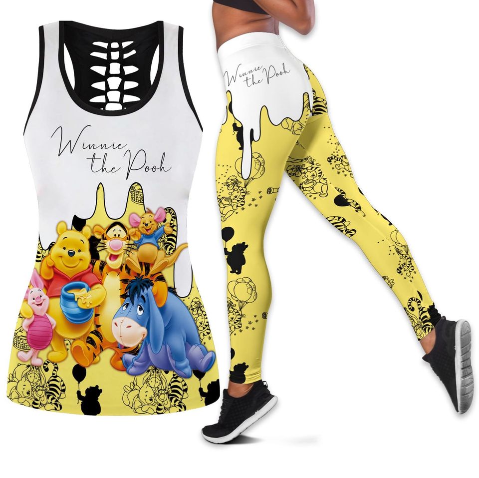 Winnie The Pooh Pattern Signature- Hollow Tanktop Legging Outfit Set