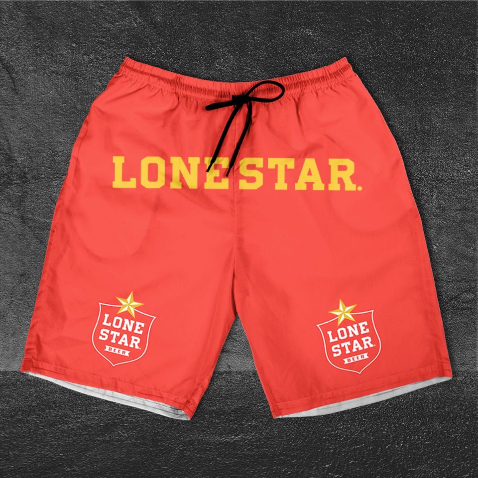 Lone Star Red Horizontal Text Shorts, Beer basic men Hawaiian shorts, Lone Star Red Beach Short