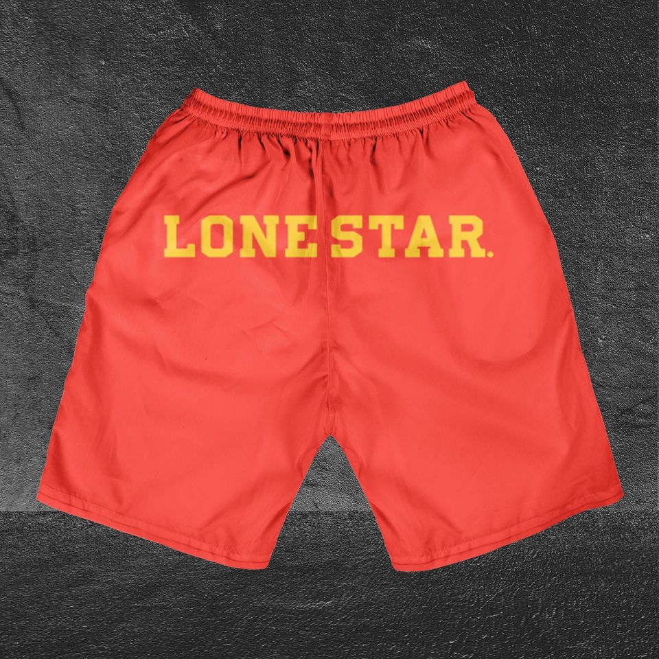 Lone Star Red Horizontal Text Shorts, Beer basic men Hawaiian shorts, Lone Star Red Beach Short