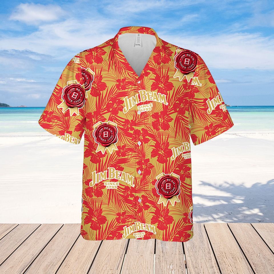 Jim Beam Hawaiian Tropical Flower Pattern Jim Beam Baseball Shirt