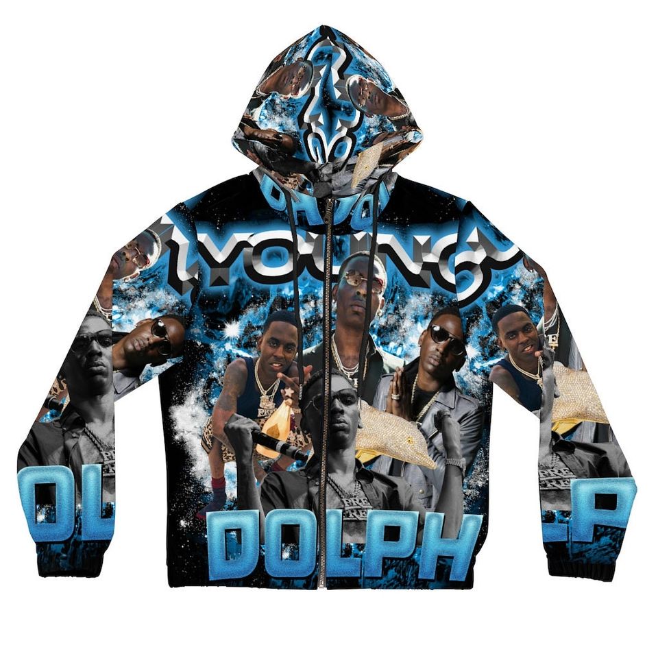 Womens Black and Blue Young Dolph Rapper Full-Zip Hoodie
