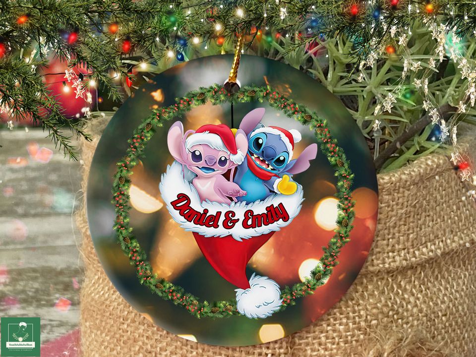 Stitch and Angel Ornament Personalized, Christmas Stitch Ornament, Disney Couple Ornament