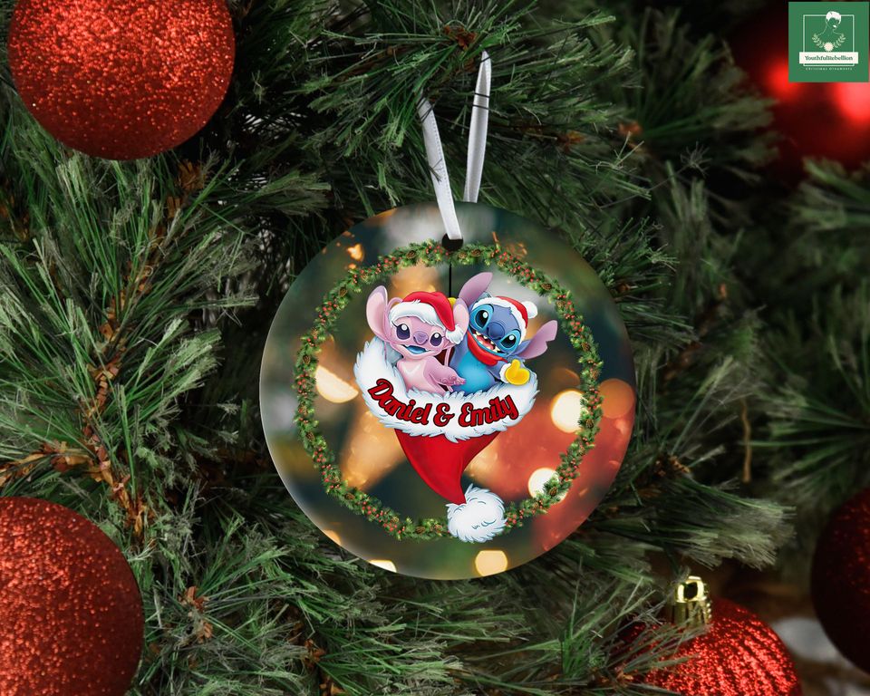 Stitch and Angel Ornament Personalized, Christmas Stitch Ornament, Disney Couple Ornament