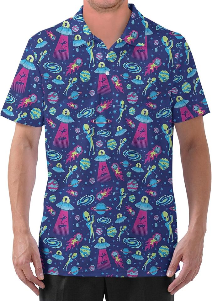 Gopory Alien Golf Shirts for Men Alien Shirts for Men Hawaiian Polo Shirts