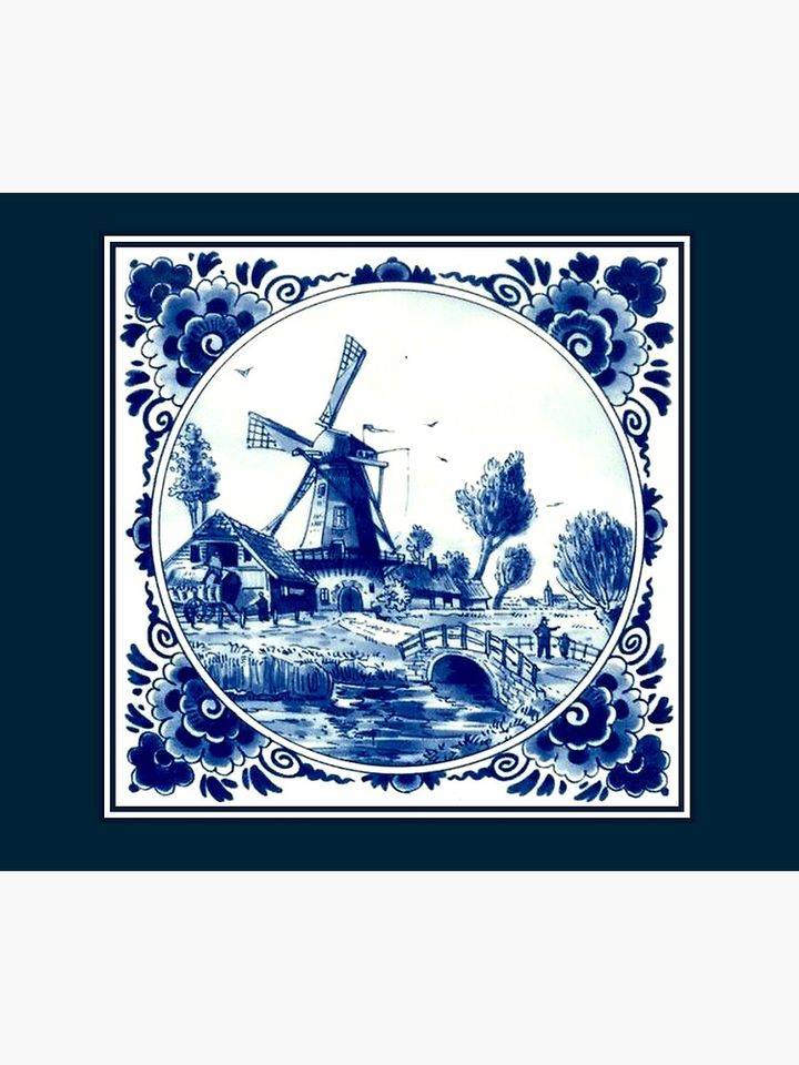 DUTCH BLUE DELFT : Vintage Windmill and Bridge Print Shower Curtain