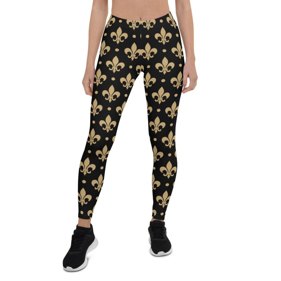 Gold & Black Fleur De Lis Saints Leggings Small Print