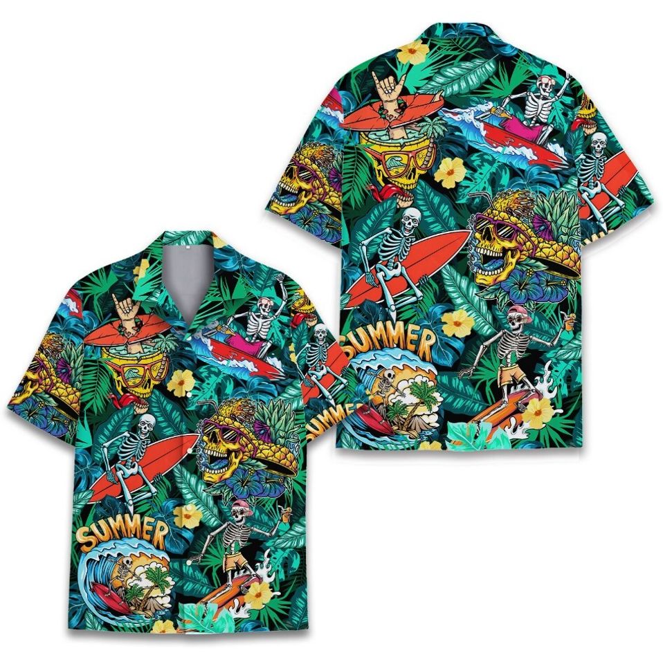 Skull Beach Hawaiian Shirt, Tropical Skeleton Surfing Summer