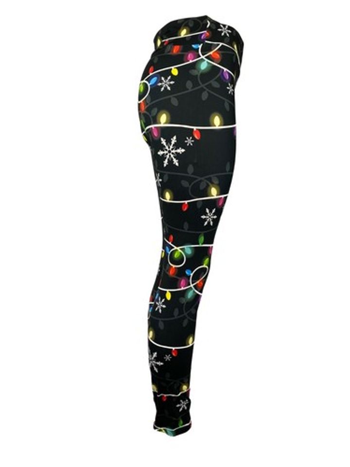 Colorful Christmas Lights & Snowflakes Black Leggings
