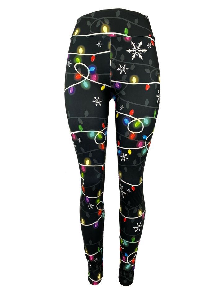 Colorful Christmas Lights & Snowflakes Black Leggings