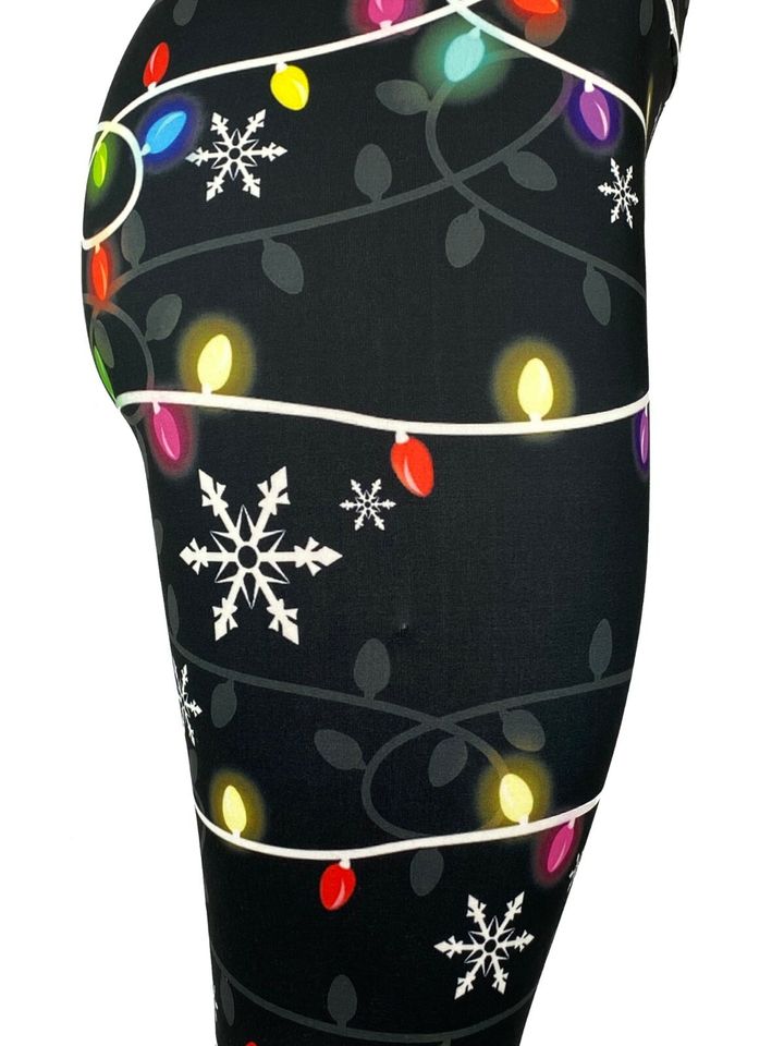 Colorful Christmas Lights & Snowflakes Black Leggings