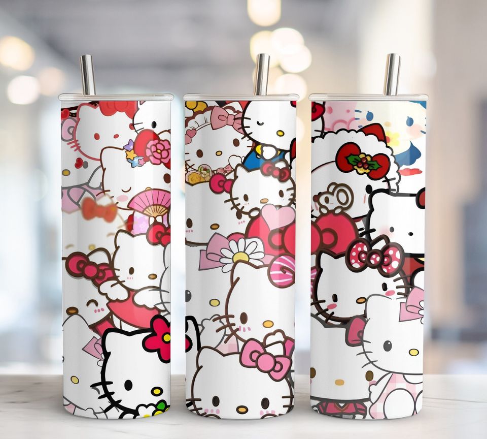 5+ Hello Cat Tumbler 20oz Tumbler with Lid and Straw