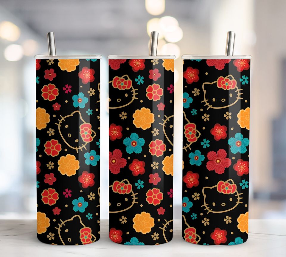 5+ Hello Cat Tumbler 20oz Tumbler with Lid and Straw