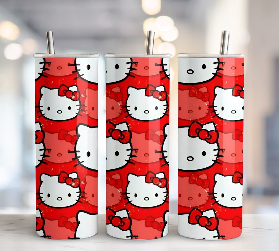 5+ Hello Cat Tumbler 20oz Tumbler with Lid and Straw