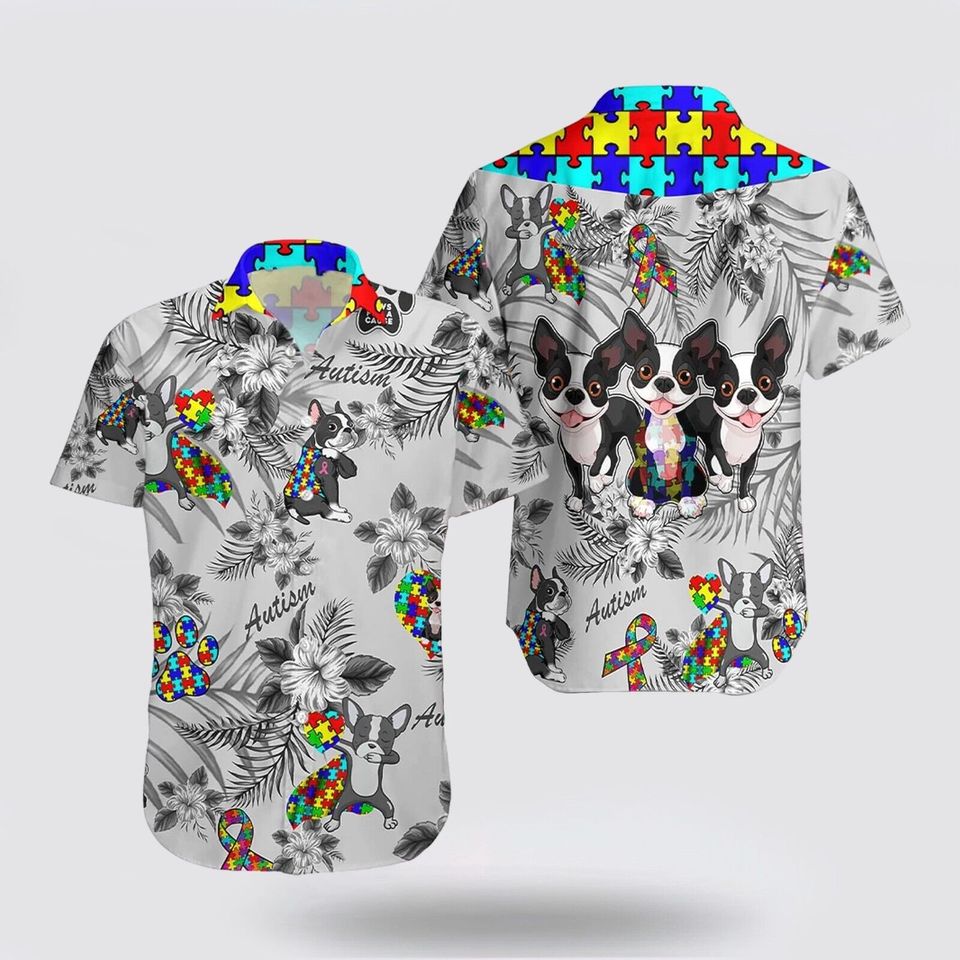 Boston Terrier Autism Floral Pattern Hawaiian Shirt