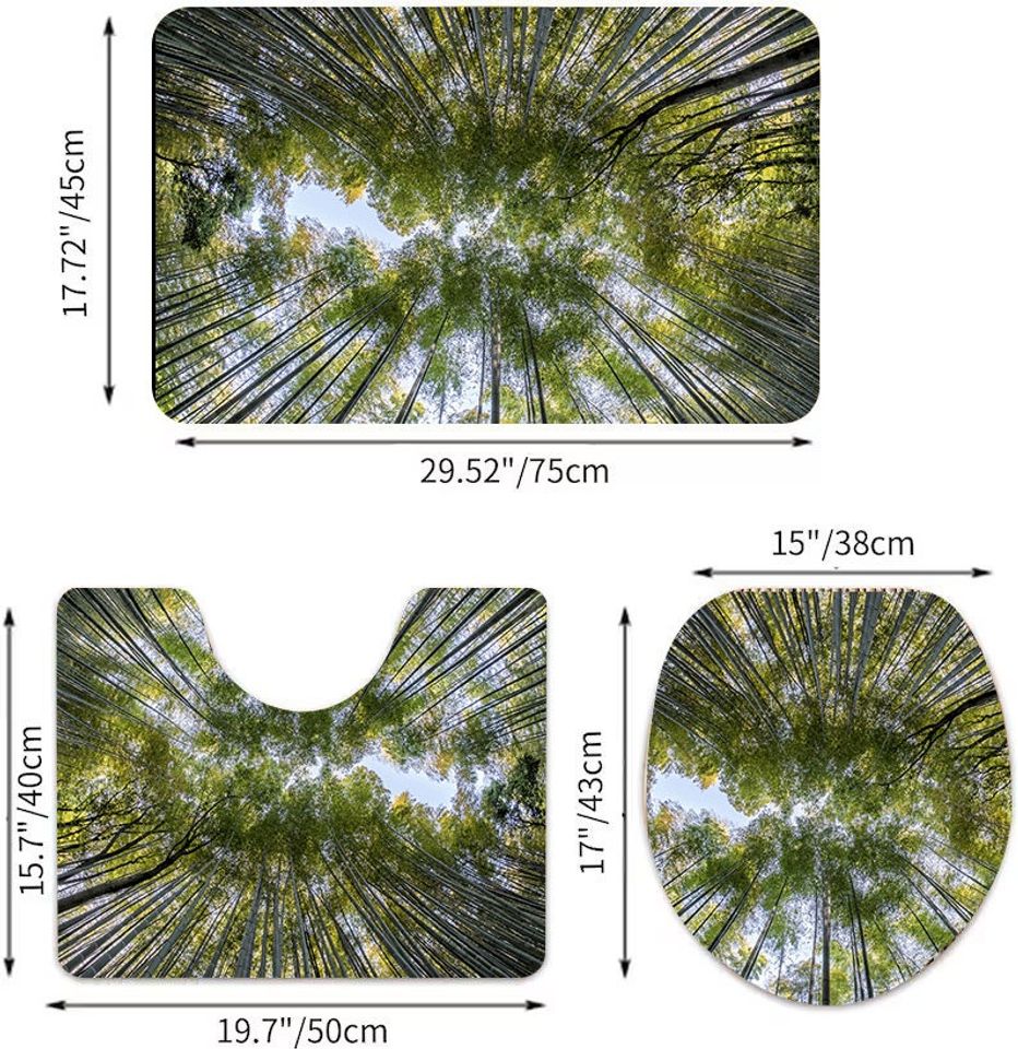 Bamboo Bath Rug Set Toilet Seat Cover Rustic Bamboo Forest Green Leaves
