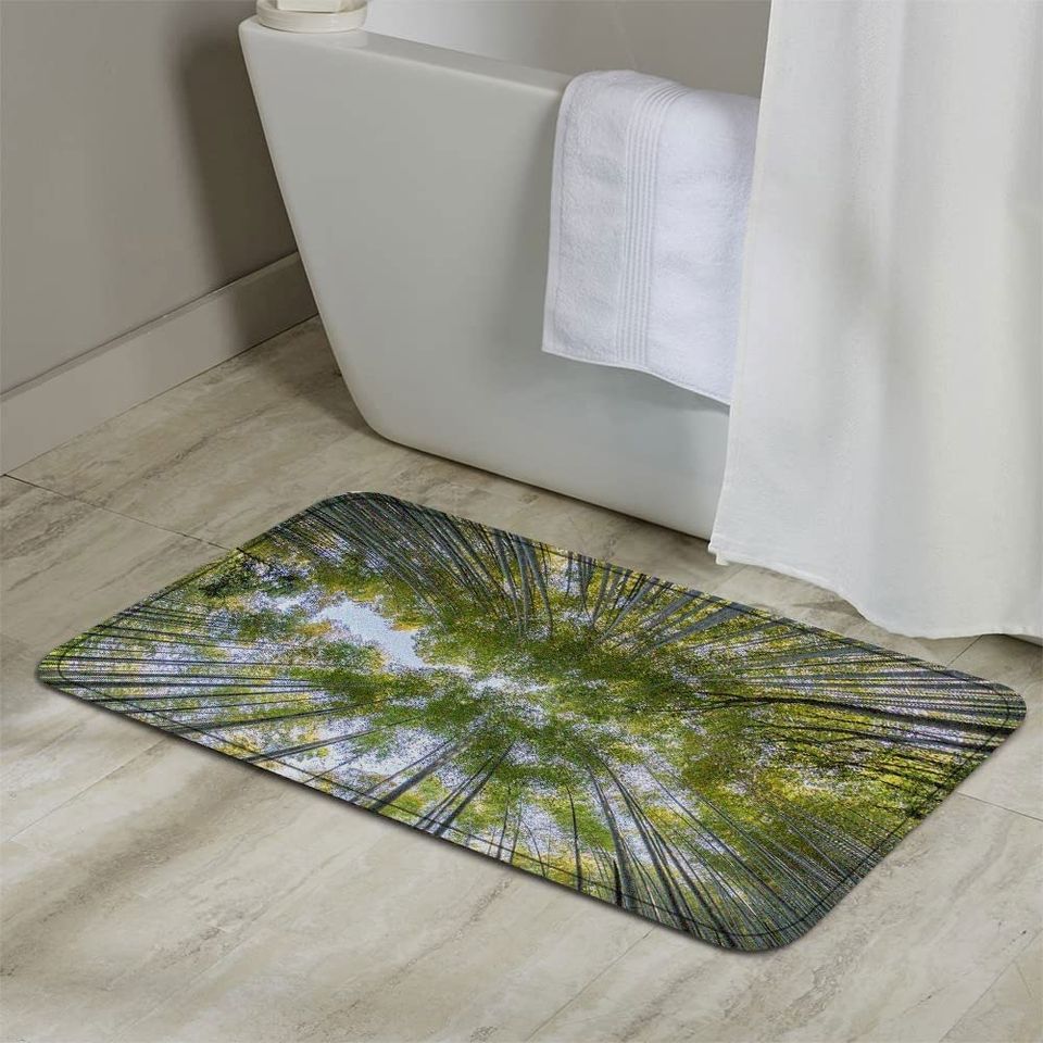Bamboo Bath Rug Set Toilet Seat Cover Rustic Bamboo Forest Green Leaves