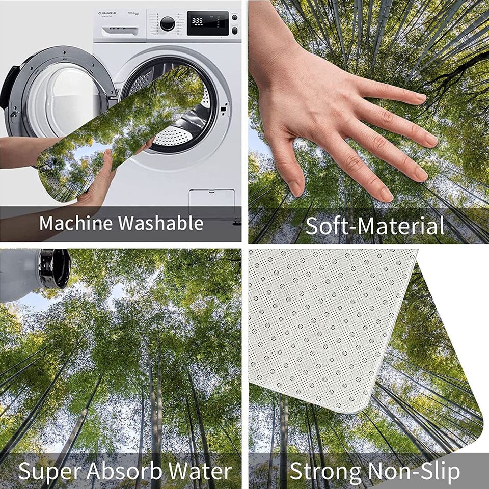 Bamboo Bath Rug Set Toilet Seat Cover Rustic Bamboo Forest Green Leaves