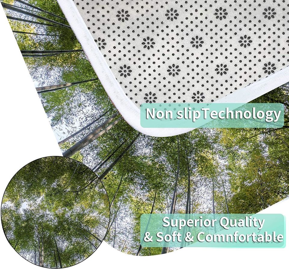 Bamboo Bath Rug Set Toilet Seat Cover Rustic Bamboo Forest Green Leaves