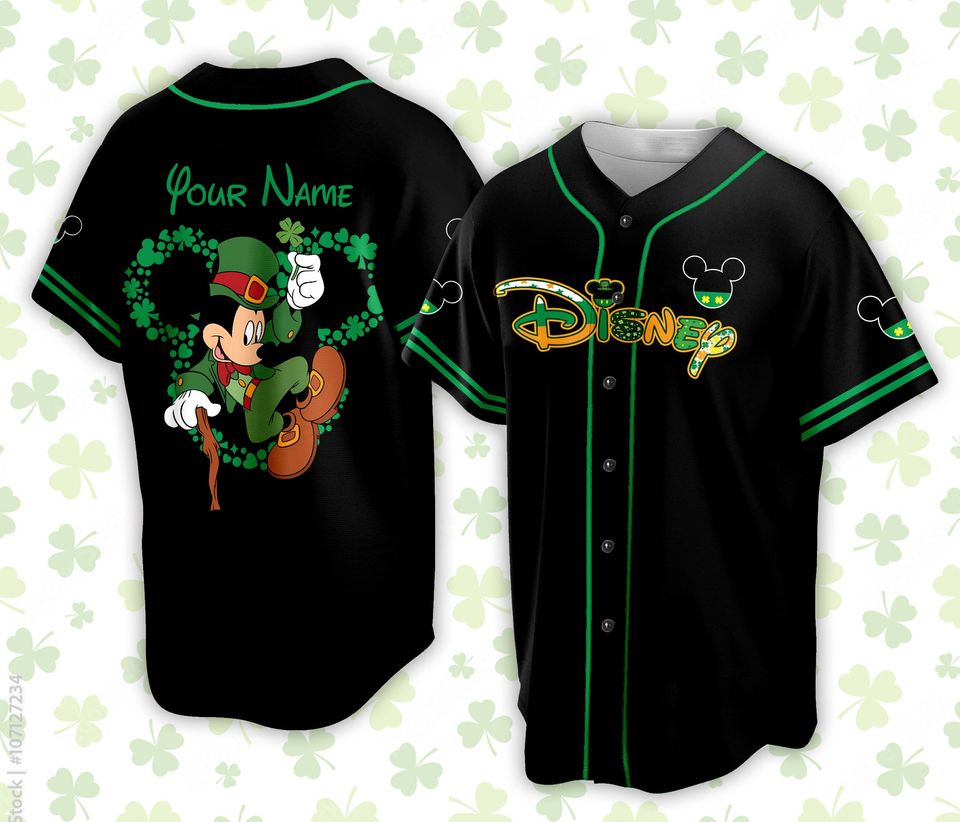 Custom Saint Patrick Day Disneyland Baseball Jersey, Mickey St Patrick Baseball Jersey