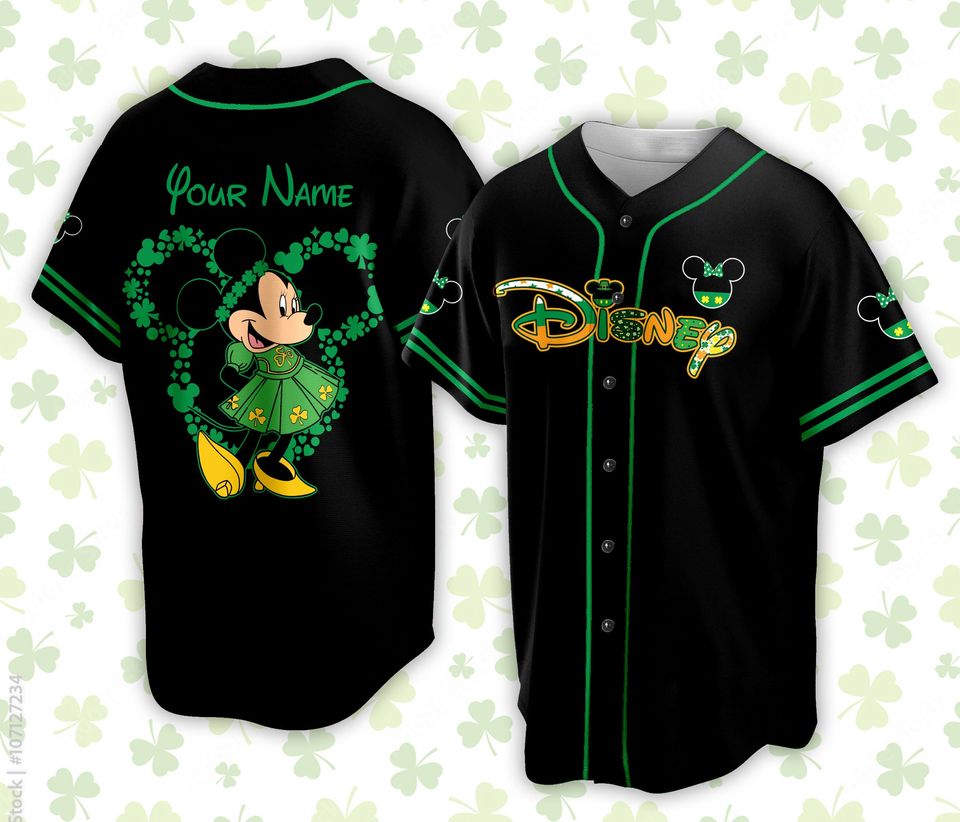 Custom Saint Patrick Day Disneyland Baseball Jersey, Mickey St Patrick Baseball Jersey