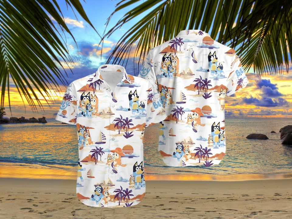 BlueyDad Summer Family Hawaiian Shirt, BlueyDad and Bingo Beach