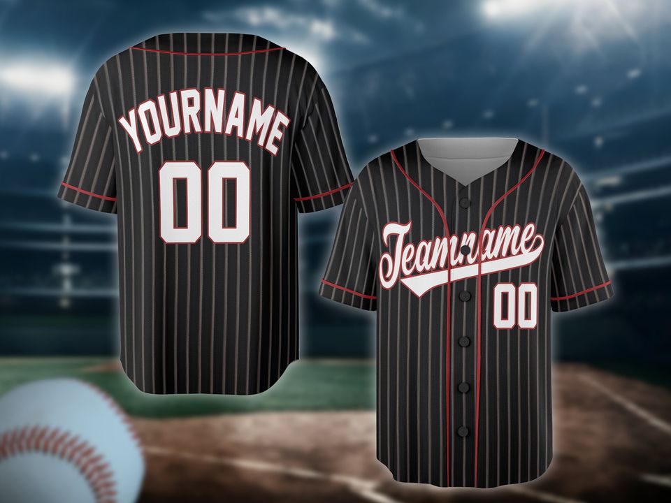 Custom Black Red Pinstripe Red Jersey, Personalized Baseball Team Name