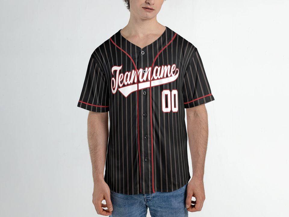 Custom Black Red Pinstripe Red Jersey, Personalized Baseball Team Name