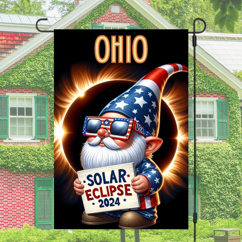 Ohio Total Solar Eclipse 2024 Gnome Garden Flag, 2024 solar eclipse, Garden Flag Sublimation Design