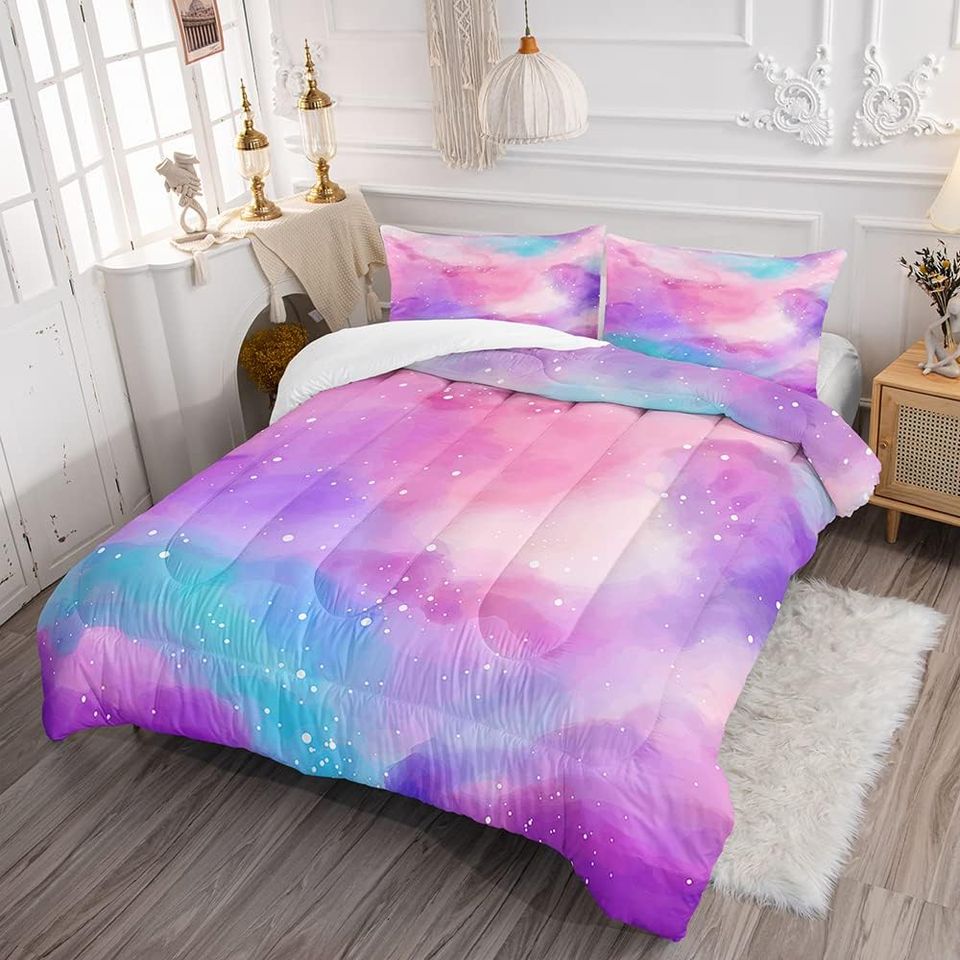 Pastel Glitter Galaxy Purple Bedding Set