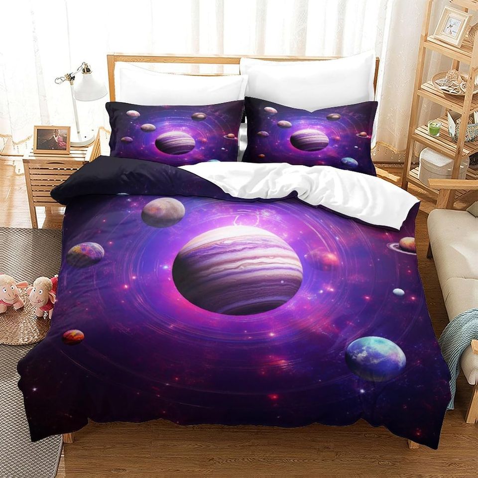 Space Planets Galaxy Purple  Printed  Bedding Set