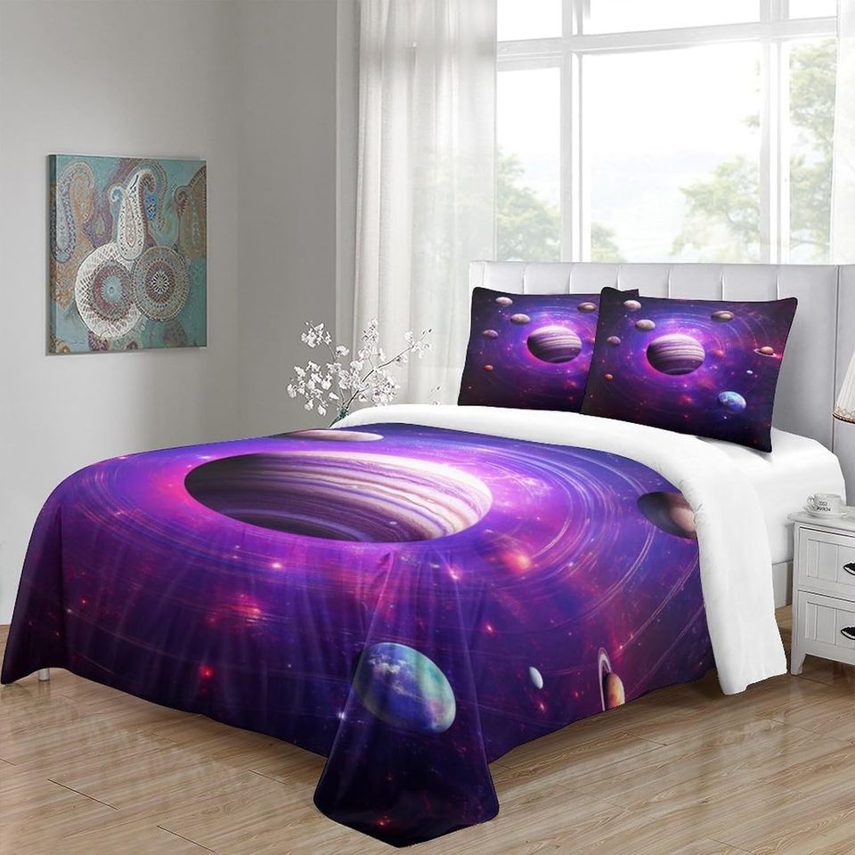 Space Planets Galaxy Purple  Printed  Bedding Set