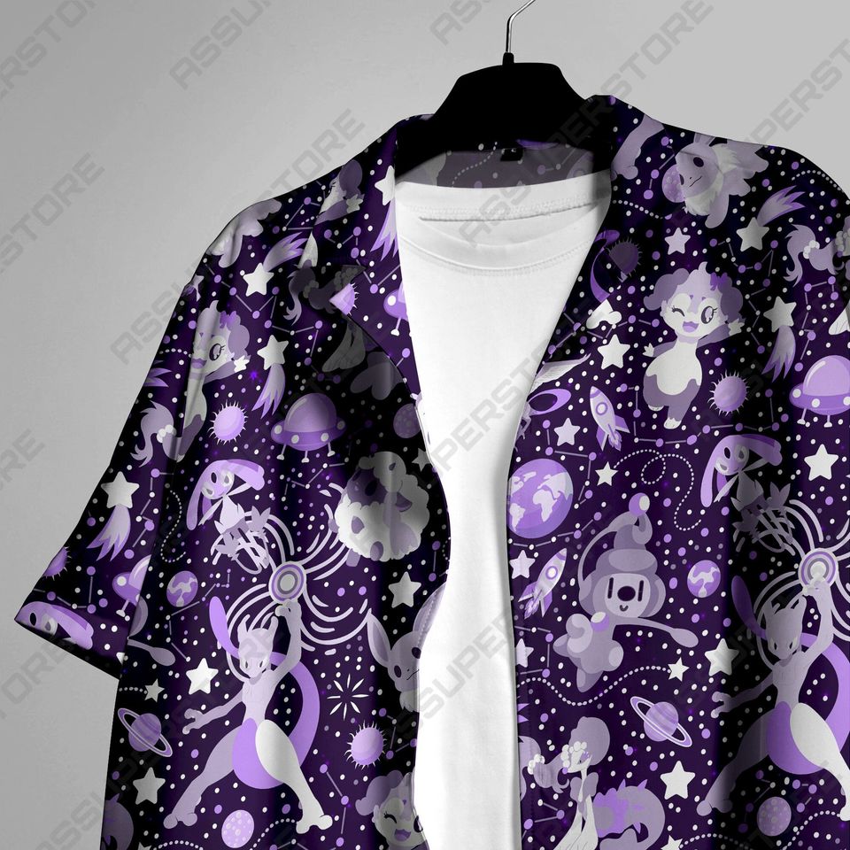 Psychic Mewtwo Hawaiian Button-Up Shirt Mewtwo Button-Up Shirt Gift