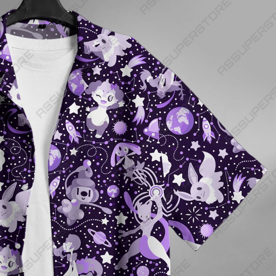 Psychic Mewtwo Hawaiian Button-Up Shirt Mewtwo Button-Up Shirt Gift