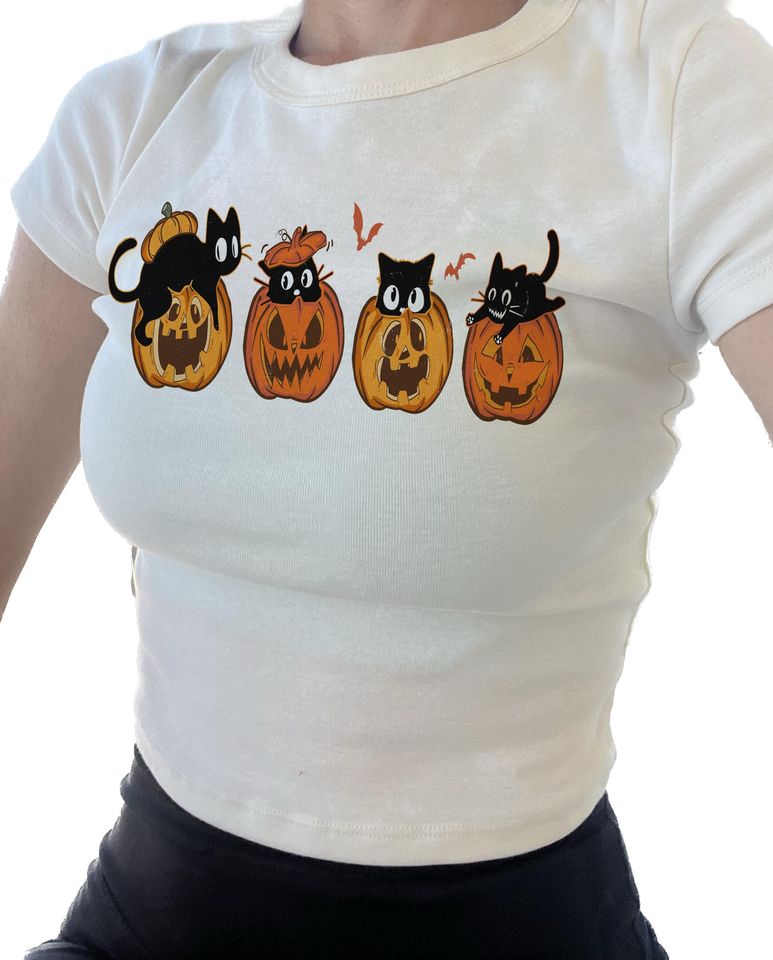 Cat Pumpkin Baby Tee, Fall cat baby tee, Black Cat Crop Top, Simple Cottagecore Tank, Spooky