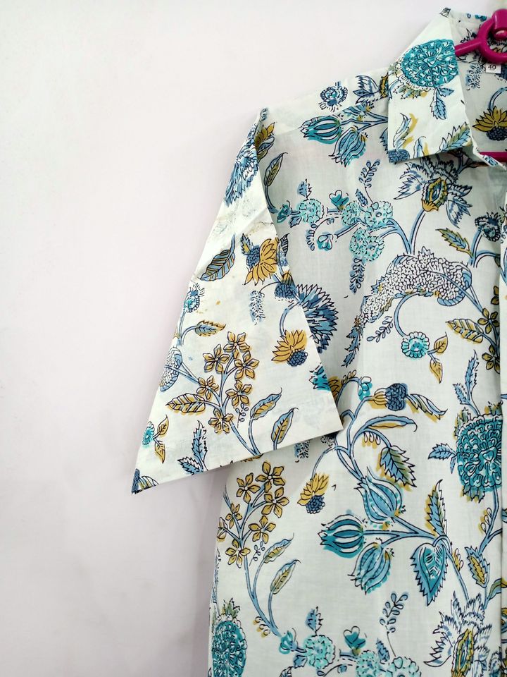 Cotton Floral Print Shirt Men Hand Block Print Cotton
