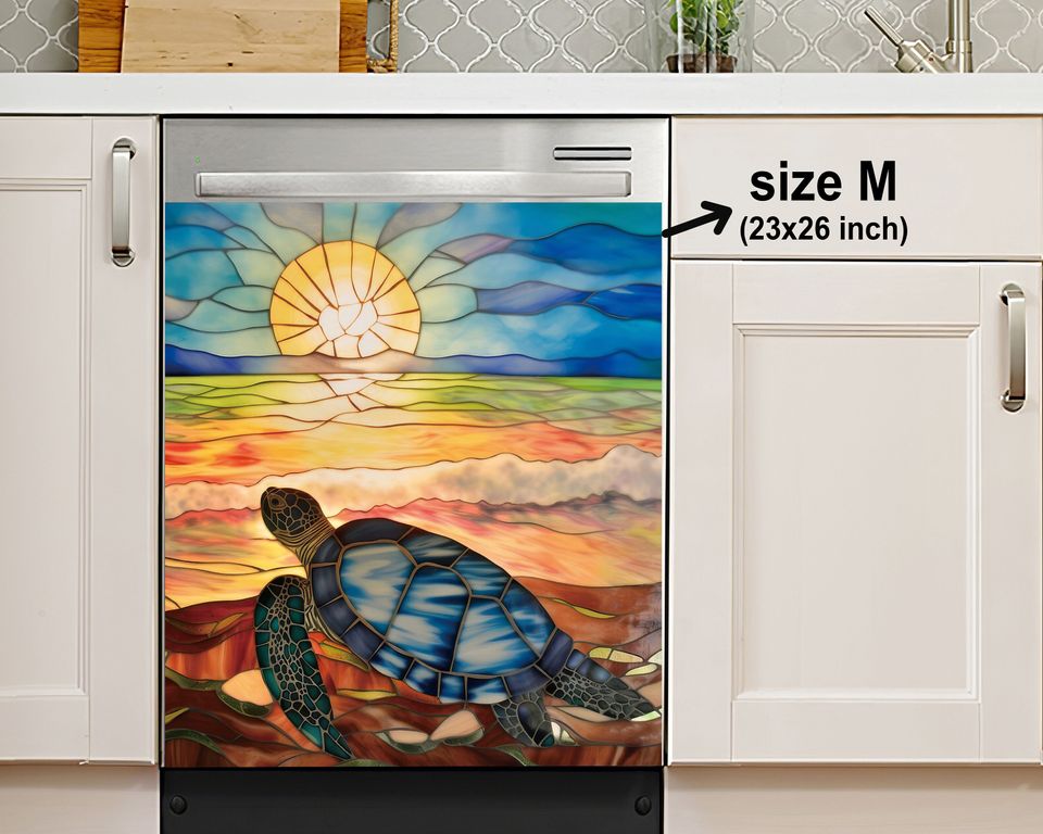 Stained Glass Sea Turtle Dishwasher Cover, Housewarming Gifts, Kitchen Decor