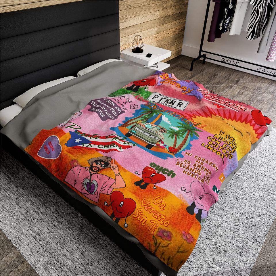 Bad Bunny Velveteen Plush Blanket, Bad Bunny Merch