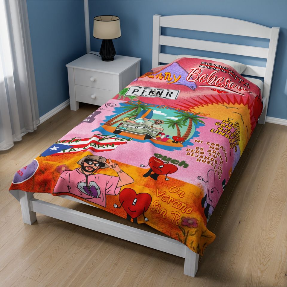 Bad Bunny Velveteen Plush Blanket, Bad Bunny Merch