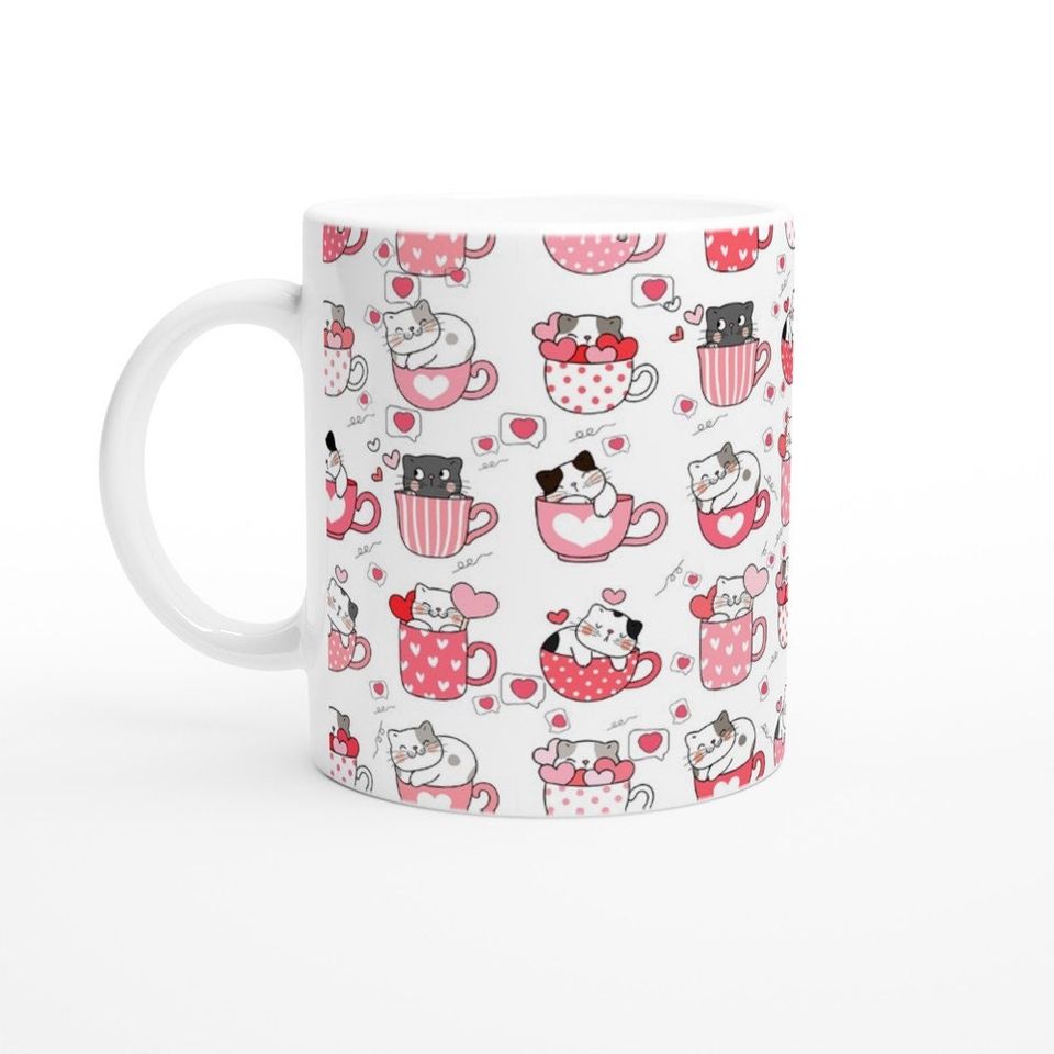 Cute Pink White Cat Valentine's Day Hello Kitty Coffee Mug