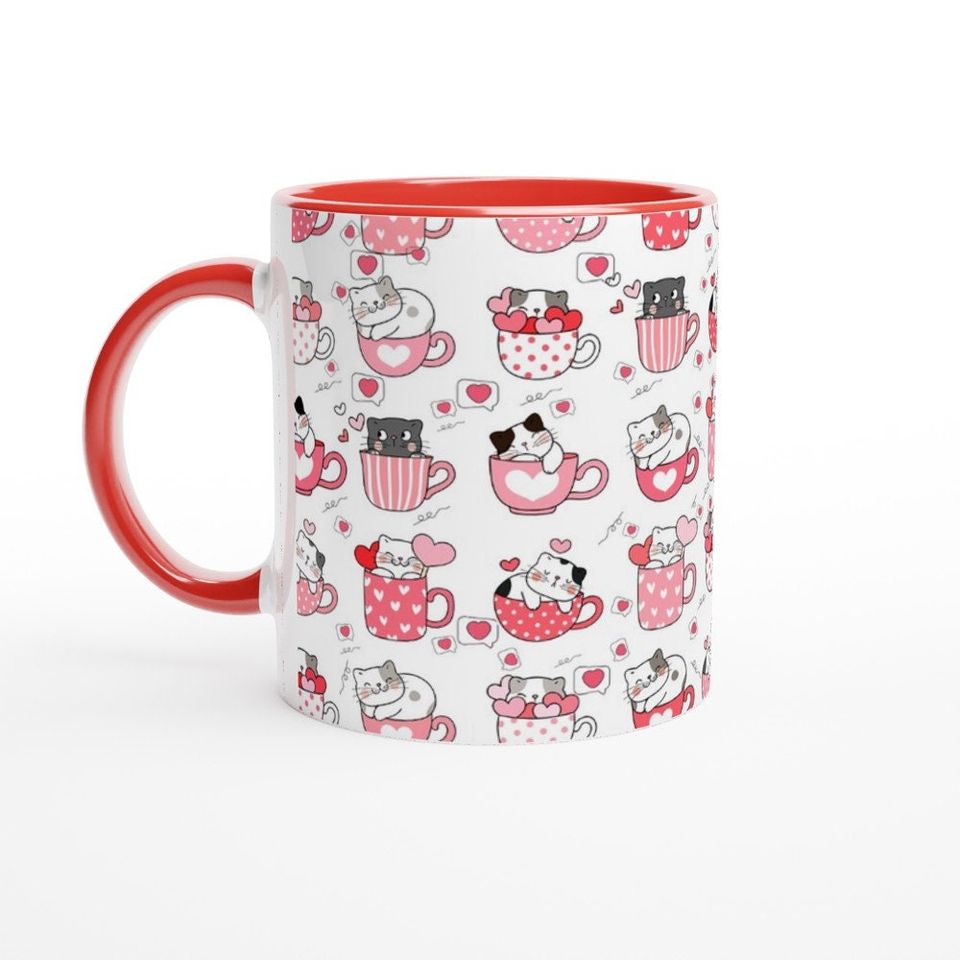 Cute Pink White Cat Valentine's Day Hello Kitty Coffee Mug