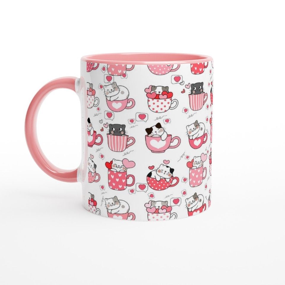 Cute Pink White Cat Valentine's Day Hello Kitty Coffee Mug