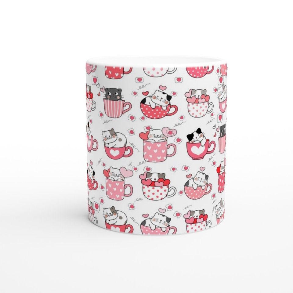 Cute Pink White Cat Valentine's Day Hello Kitty Coffee Mug