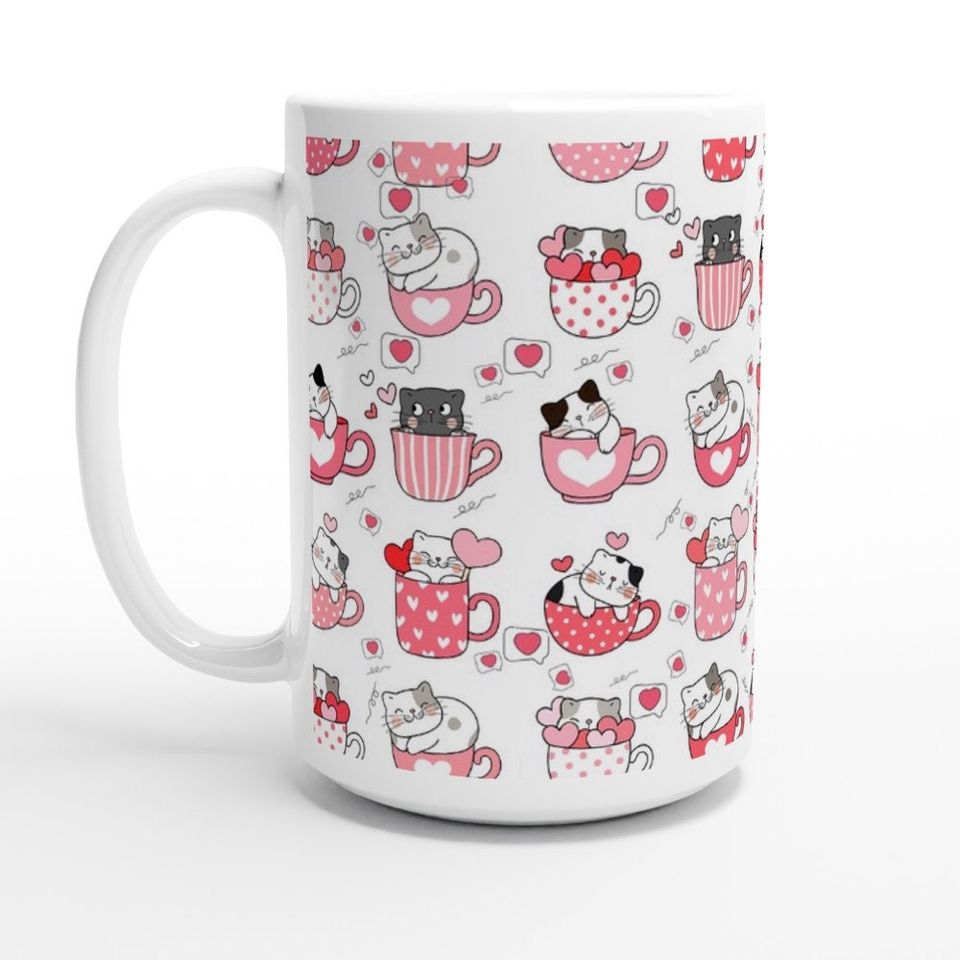 Cute Pink White Cat Valentine's Day Hello Kitty Coffee Mug