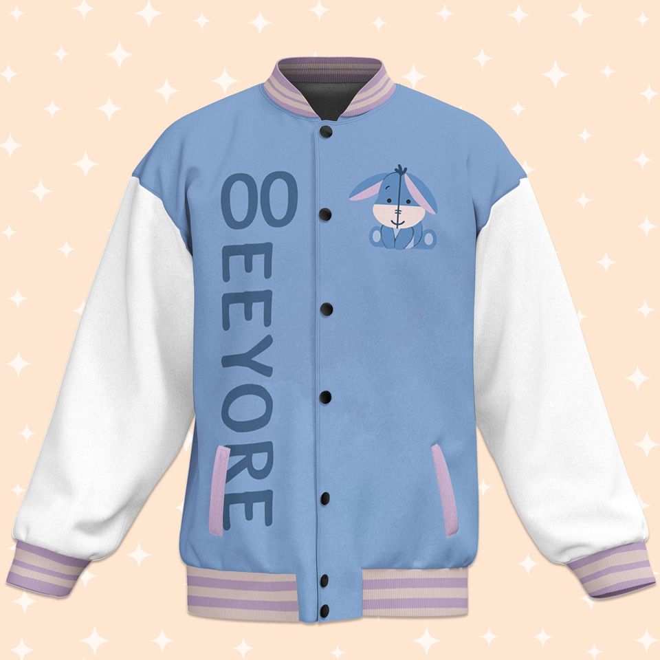 Custom Eeyore Blue Varsity Jacket, Adult Varsity Jacket, Personalized Disney Jacket, Baseball Team Outfit