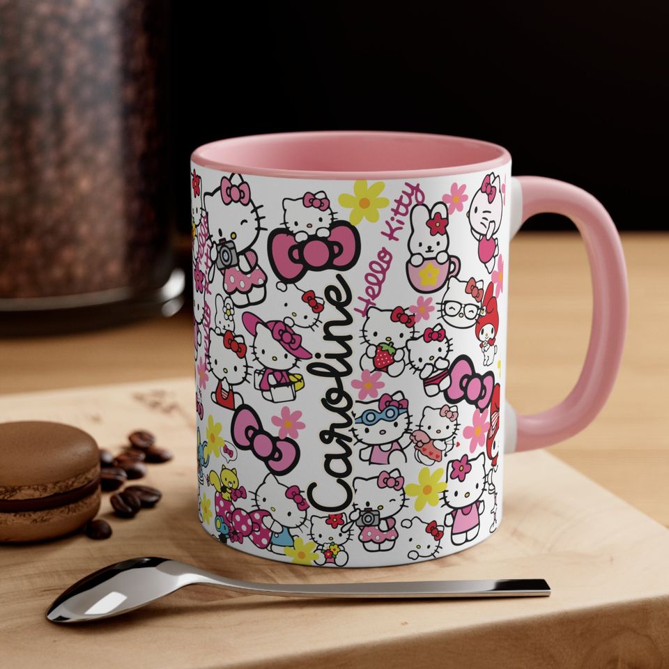 Cat Lover Hello Kitty Pattern, Custom Name Birthday Gift, HK Accent Coffee Mug