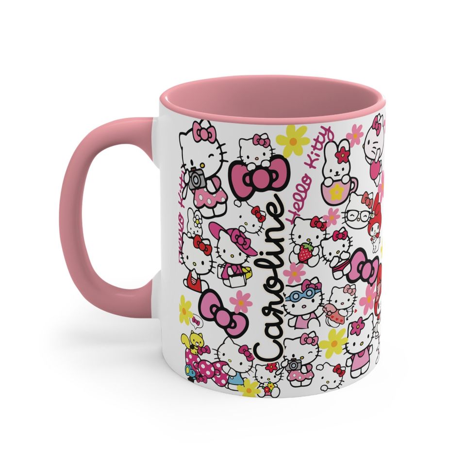 Cat Lover Hello Kitty Pattern, Custom Name Birthday Gift, HK Accent Coffee Mug