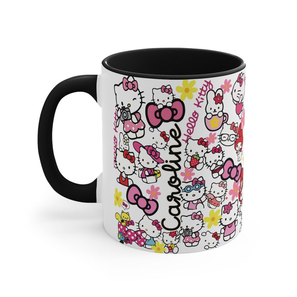 Cat Lover Hello Kitty Pattern, Custom Name Birthday Gift, HK Accent Coffee Mug
