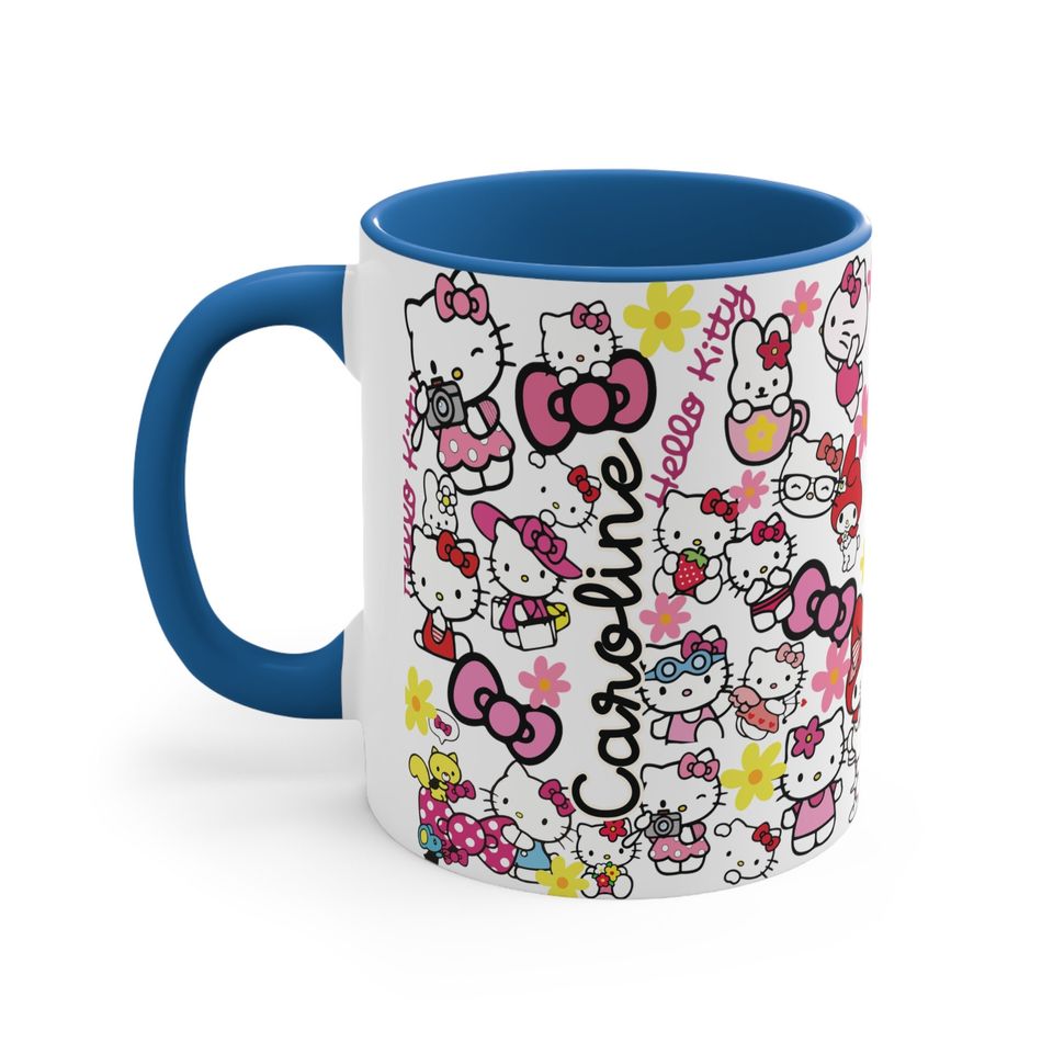 Cat Lover Hello Kitty Pattern, Custom Name Birthday Gift, HK Accent Coffee Mug
